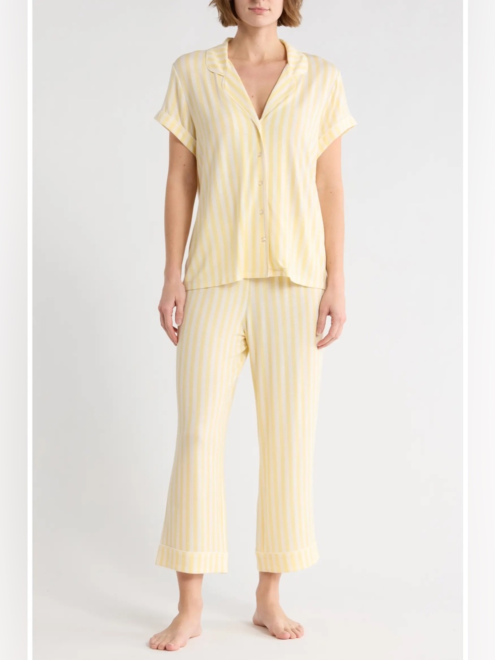 Eberjey Gisele TENCEL Modal Short Sleeve Cropped PJ Set Yellow Stripe Medium